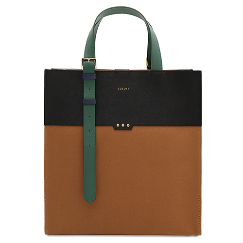 クルニ]Belt Handle Leather ＆ Canvas Combination Tote Bag(トート