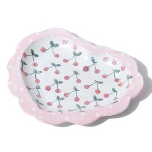 [ヤマグチアサコ]粉引きピンクドットフリルハート形にさくらんぼのソーサー兼ケーキ皿